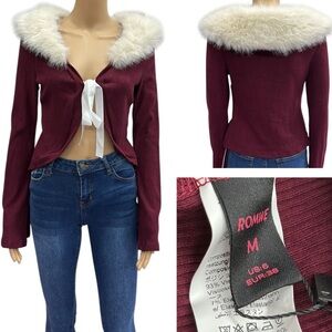Faux Fur Removable Collar Burgundy Ribbed Knit Tie Front Bell Sleeve Cardigan M